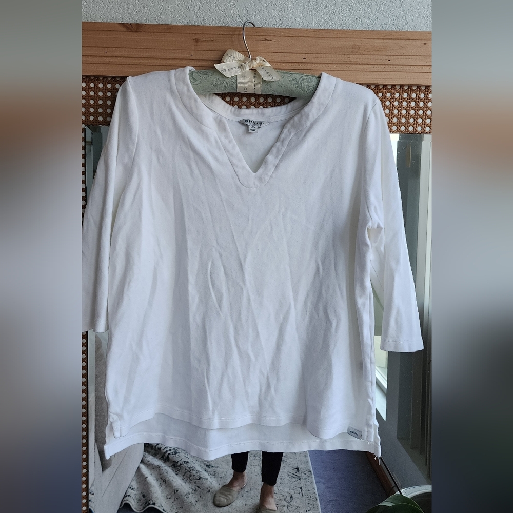 Orvis White Women's Split V Cotton Long Sleeve Top
